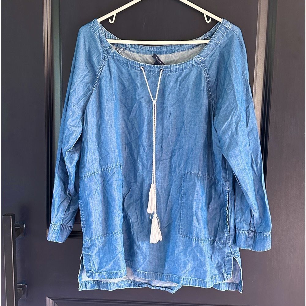 Tommy Hilfiger Chambray Peasant Long Blouse with Pockets Large